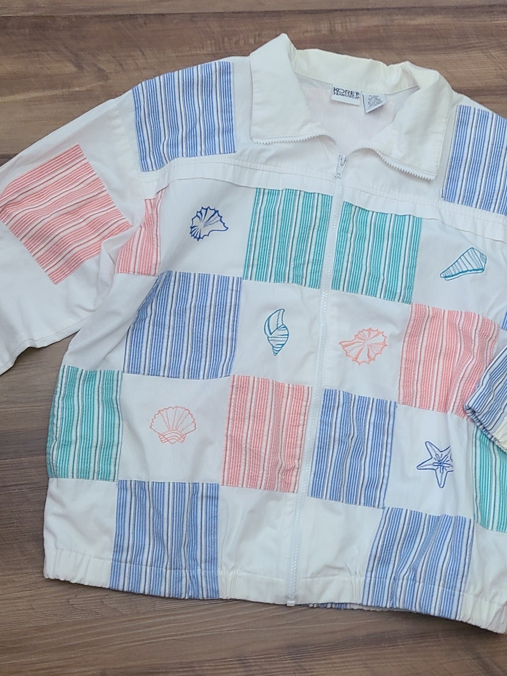 Vintage Koret White Jacket with Blue, Green & Coral Stripe Patchwork Large